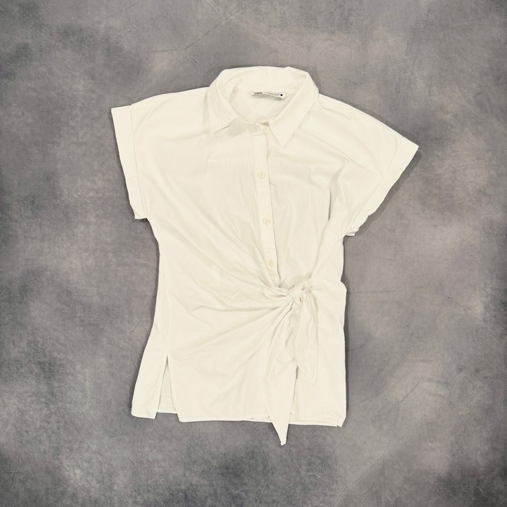 Zara white button up blouse with side knot • size medium